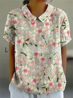 Long-Sleeve Women's Shirt with Autumn Floral Print, Lightweight Cotton, Relaxed Fit - Dark Pink