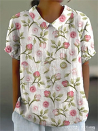 Long-Sleeve Women's Shirt with Autumn Floral Print, Lightweight Cotton, Relaxed Fit - Pink Floral