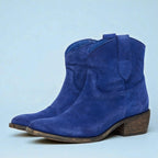 Women's Ankle Boots with Western Embroidery and Block Heel - Blue