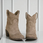 Women's Ankle Boots with Western Embroidery and Block Heel - Light Brown