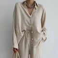 Women's Set of Blouse and Wide-Leg Pants with Adjustable Waistband - Beige