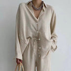 Women's Set of Blouse and Wide-Leg Pants with Adjustable Waistband - Beige