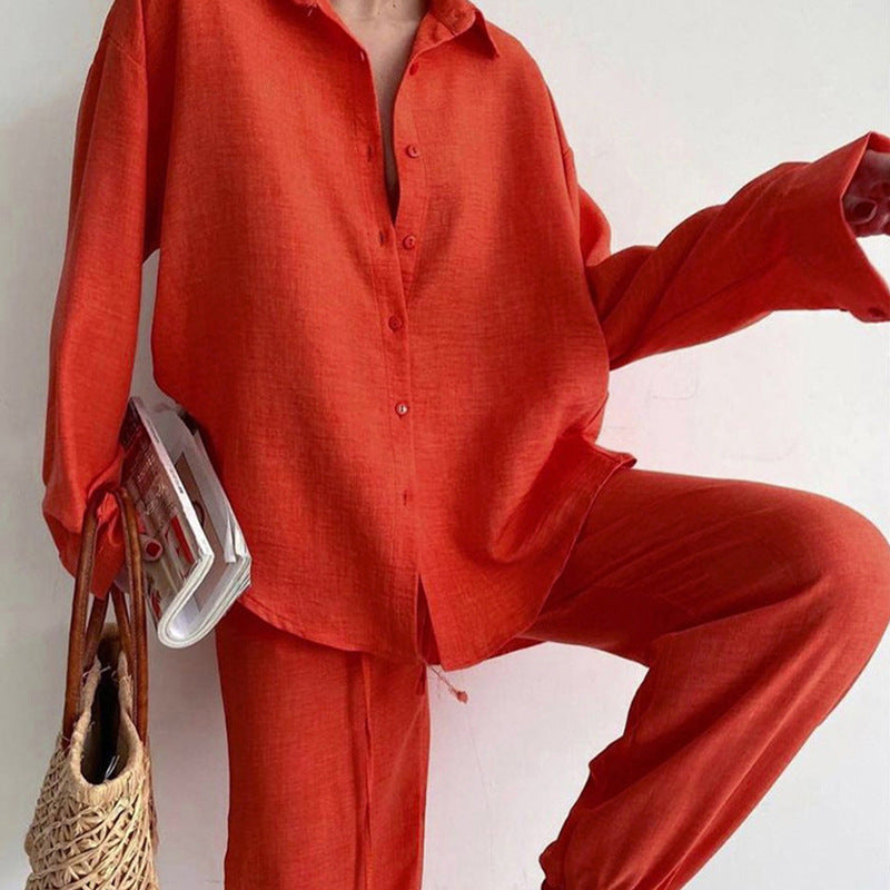 Women's Set of Blouse and Wide-Leg Pants with Adjustable Waistband - Orange