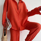 Women's Set of Blouse and Wide-Leg Pants with Adjustable Waistband - Orange