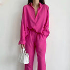 Women's Set of Blouse and Wide-Leg Pants with Adjustable Waistband - Pink