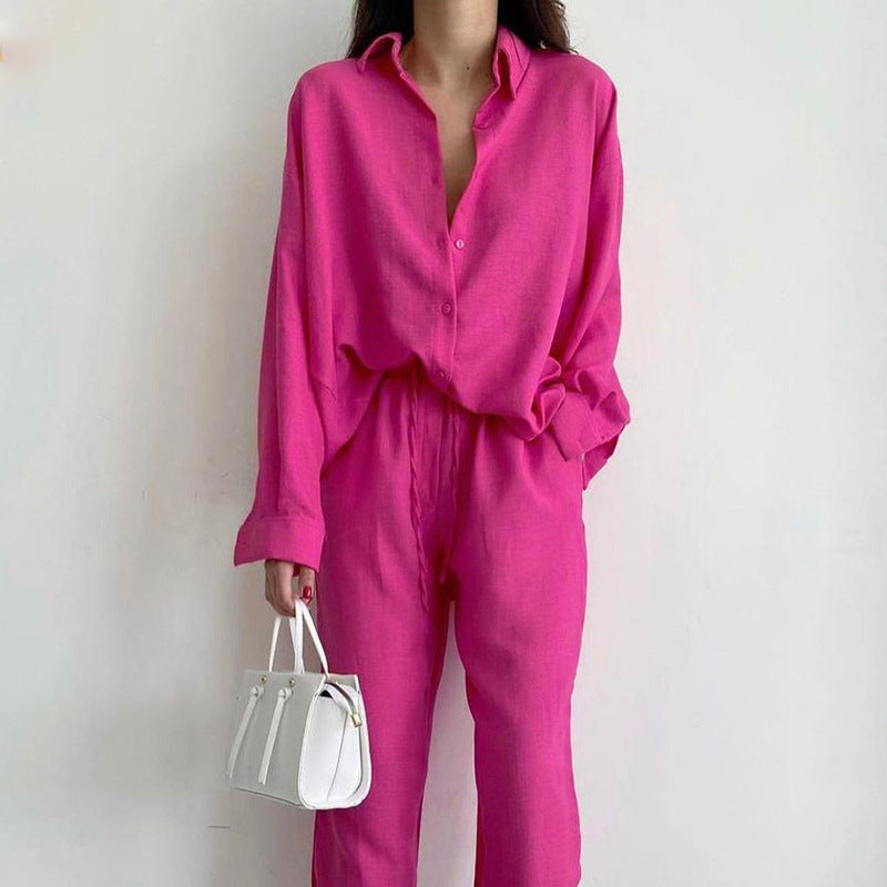 Women's Set of Blouse and Wide-Leg Pants with Adjustable Waistband - Pink