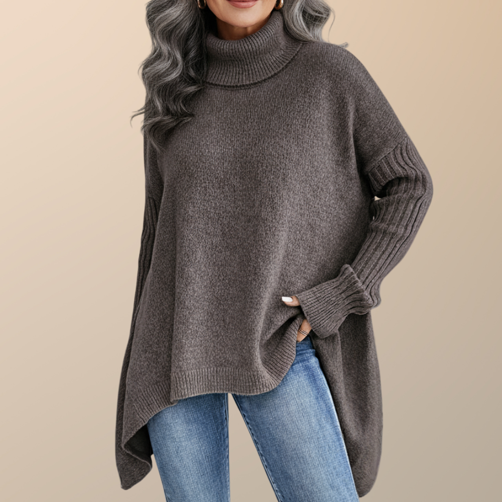 Women's Long Turtleneck Sweater with Extended Back - Brown