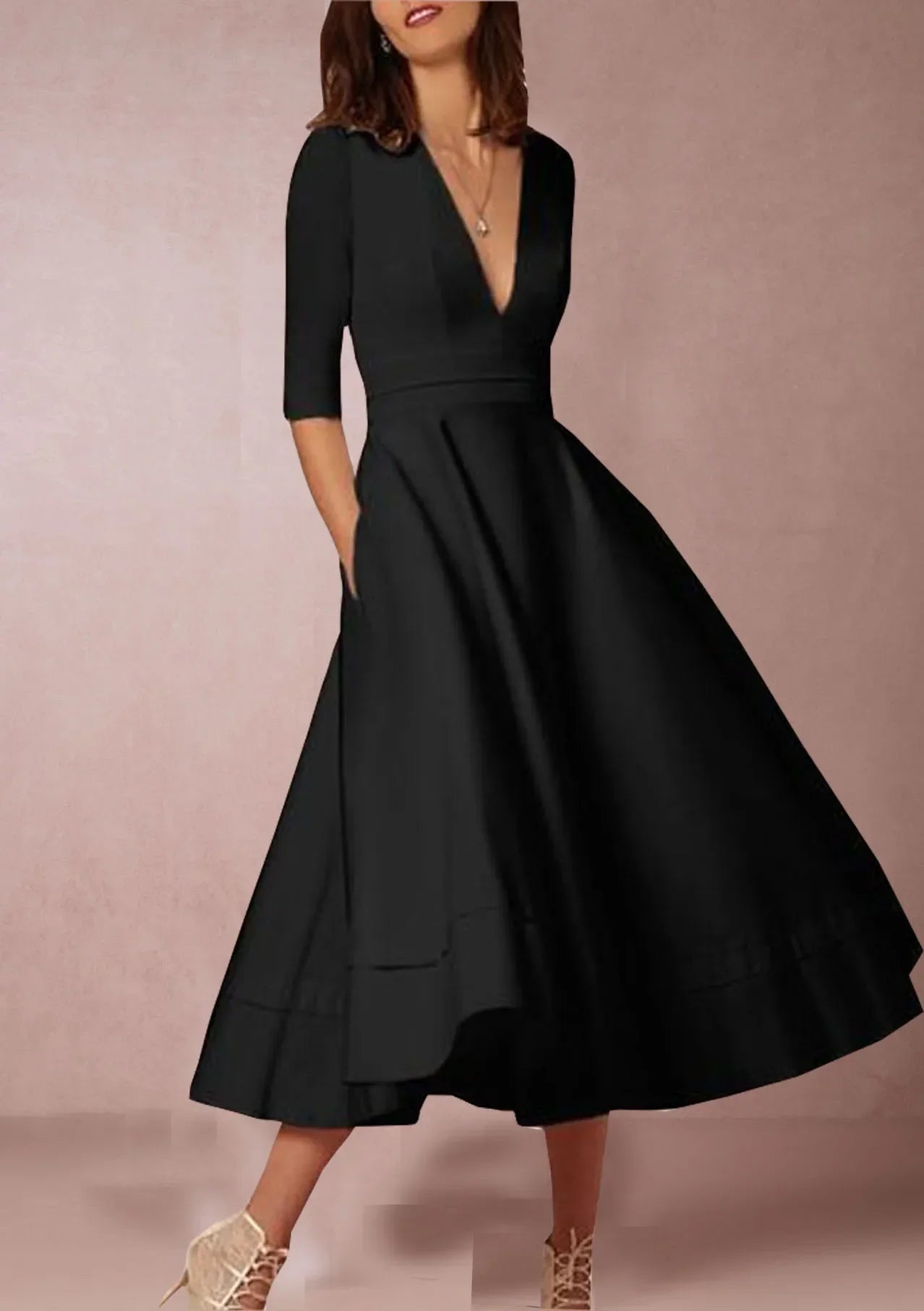 Women's Autumn A-Line Swing Dress, 60s Vintage Sleeveless Midi Dress for Cocktail and Party Occasions - Black