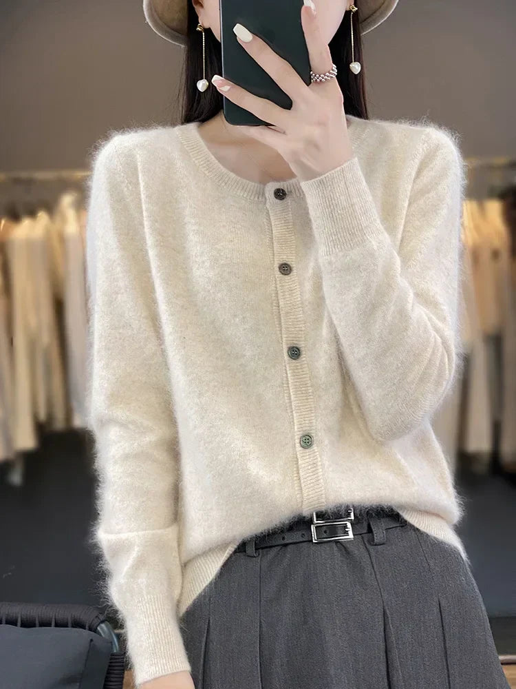 Women's Autumn Sweater with Button Placket, Crew Neck, Relaxed Fit - Beige