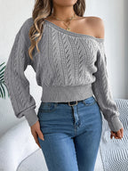 Women's Autumn Sweater with Angled Neckline and Off-Shoulder Design - Gray
