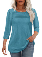 Women's 3/4-Sleeve Top with Pleated Front, Round Neckline and Rounded Hem - Sea Blue