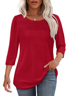 Women's 3/4-Sleeve Top with Pleated Front, Round Neckline and Rounded Hem - Red