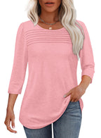 Women's 3/4-Sleeve Top with Pleated Front, Round Neckline and Rounded Hem - Light Pink