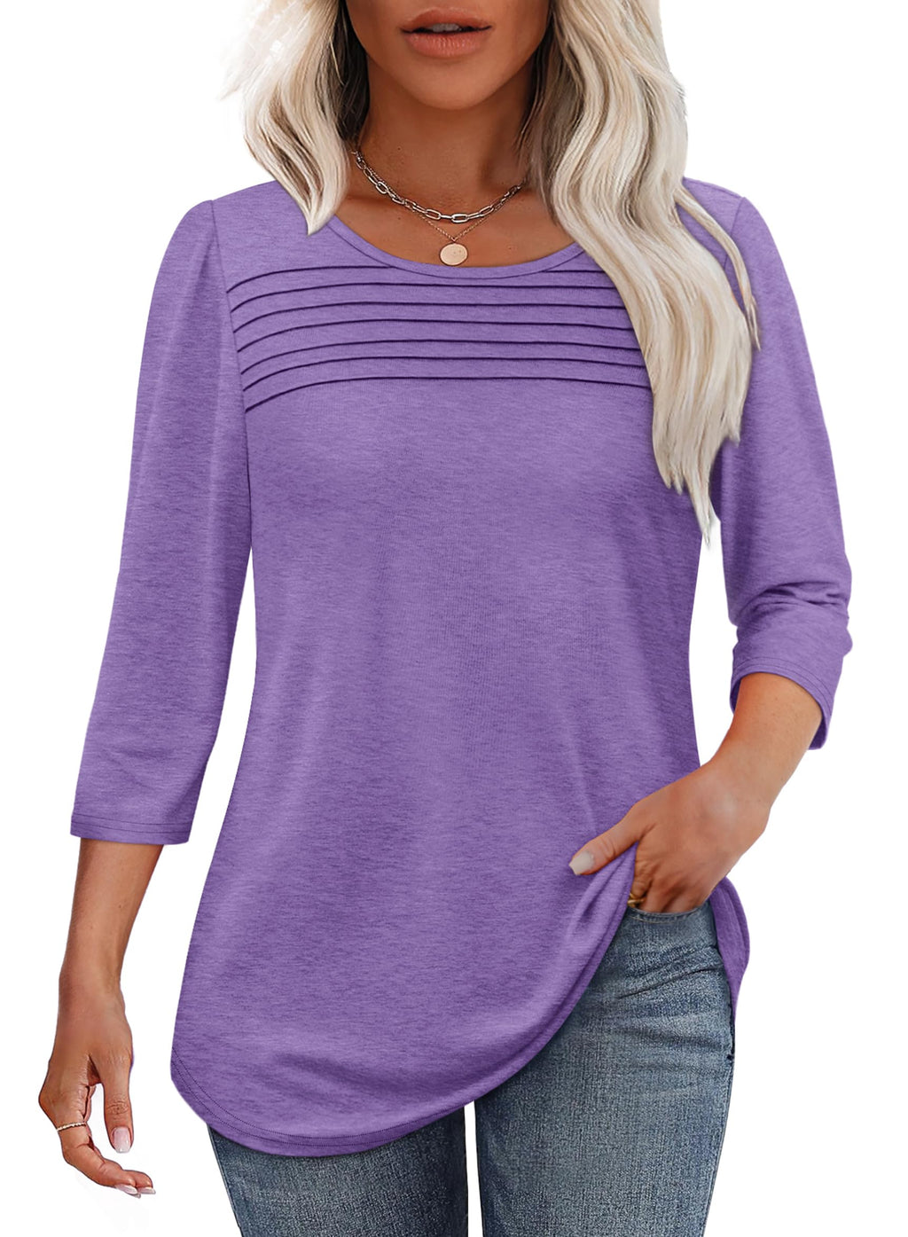 Women's 3/4-Sleeve Top with Pleated Front, Round Neckline and Rounded Hem - Violet