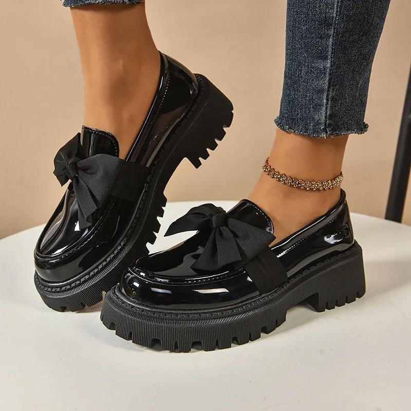 Women's Platform Shoes, Butterfly Bow, Cushioned Insole - Glossy Black