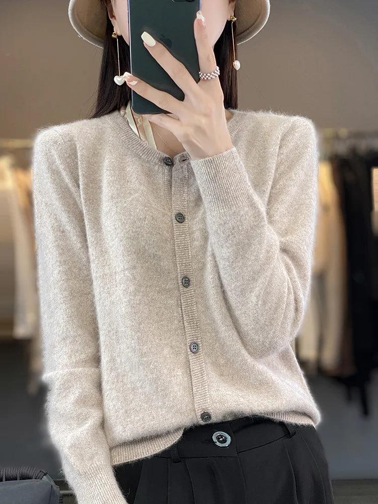 Women's Autumn Sweater with Button Placket, Crew Neck, Relaxed Fit - Light Camel