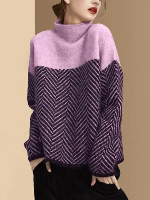 Women's Turtleneck Sweater with Modern Print, Long Sleeve, Figure-Hugging, Winter Edition - Pink