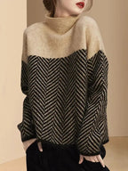 Women's Turtleneck Sweater with Modern Print, Long Sleeve, Figure-Hugging, Winter Edition - Khaki