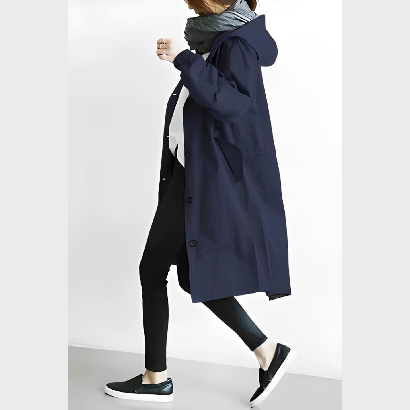 Mabel - Long Hooded Windbreaker Jacket for Autumn - Navy Blue