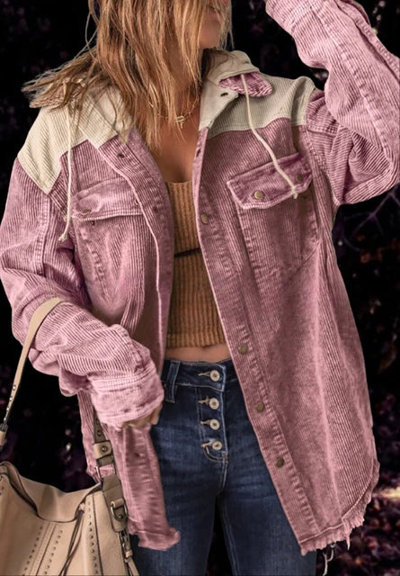 Cropped Corduroy Jacket with Button Placket and Chest Pockets | Perfect for Autumn - Pink