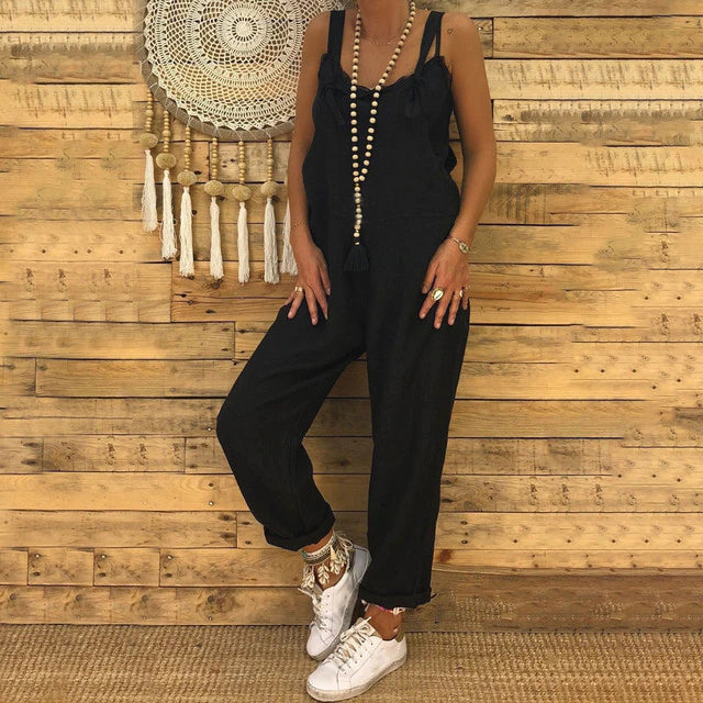 Wide-Cut Summer Jumpsuit with Deep Neckline and Pockets - Black