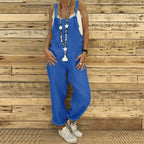 Wide-Cut Summer Jumpsuit with Deep Neckline and Pockets - Blue