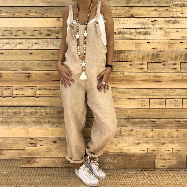 Wide-Cut Summer Jumpsuit with Deep Neckline and Pockets - Khaki