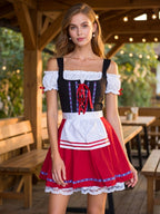 Off-Shoulder Festival  Dirndl Short Skirt Black Red Contrast Tie-Up Lace Apron