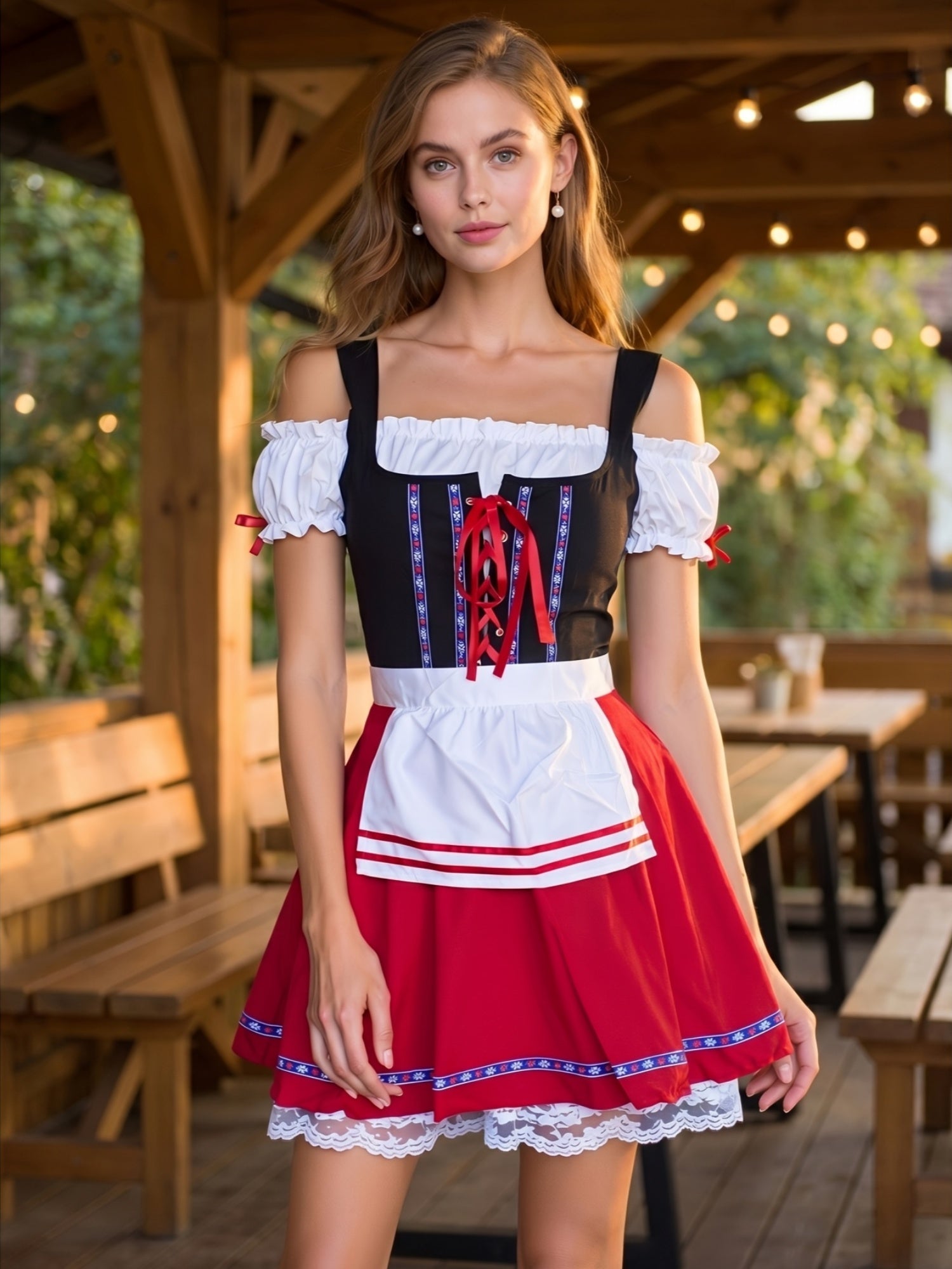 Off-Shoulder Festival  Dirndl Short Skirt Black Red Contrast Tie-Up Lace Apron