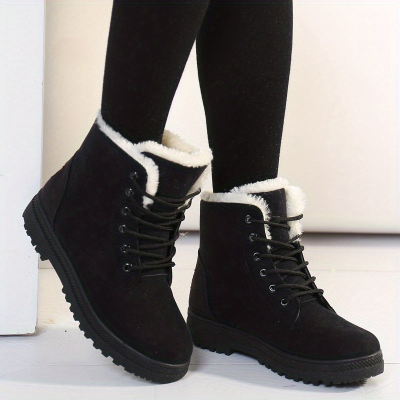 Women's Round Toe Lace Up Snow Boots, Inner Thermal Ankle Boots