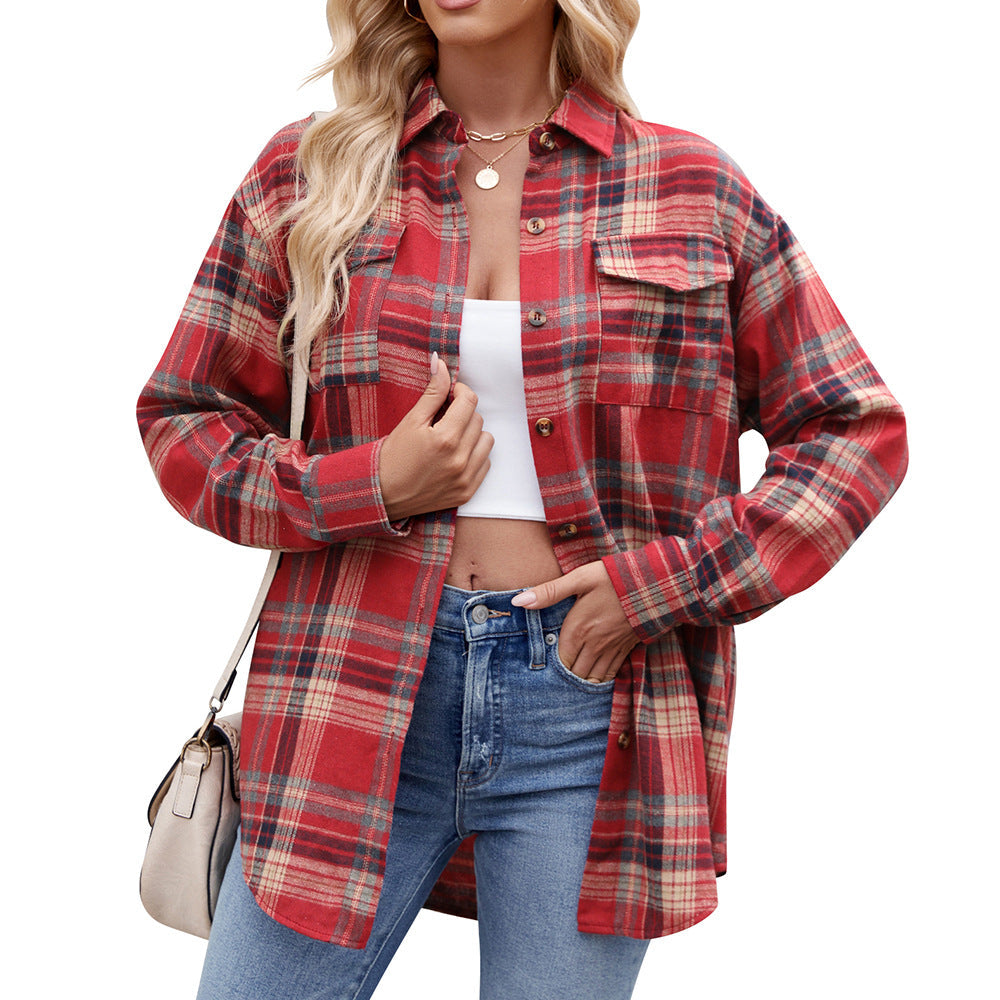 Relaxed-Fit Plaid Shirt with Pockets for Autumn - Red Khaki