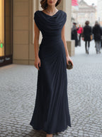 Women's maxi dress with a draped waterfall neckline and ruching Evening Dress