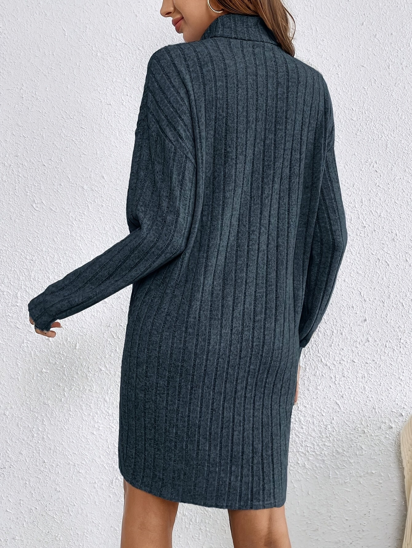 French Solid Color Turtleneck Long Sleeved Textured Fabric Sweater Dress