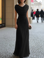 Women's maxi dress with a draped waterfall neckline and ruching Evening Dress