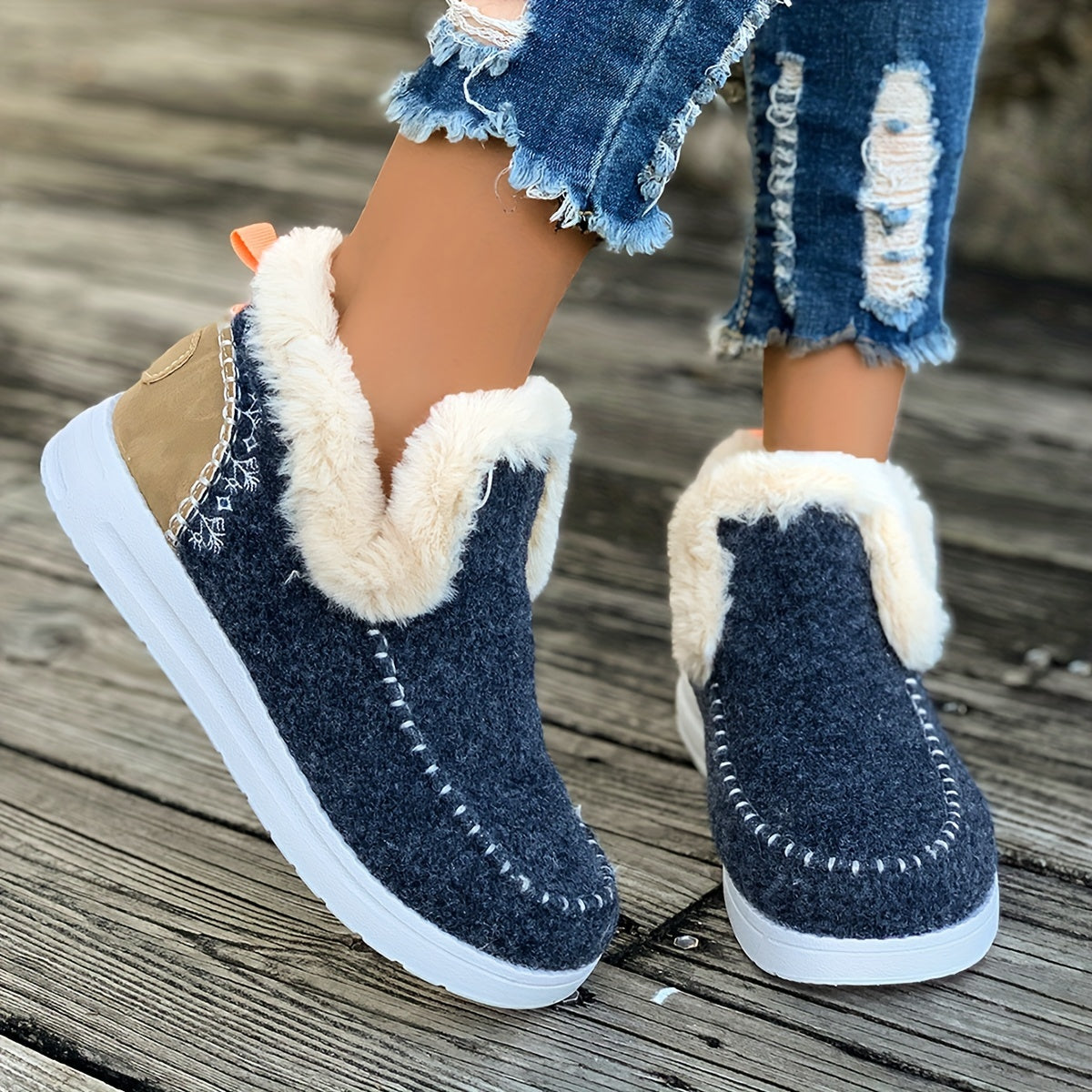 Women's Winter Fleece Ankle Boots, Warm Snow Boots with Anti Slip Sole