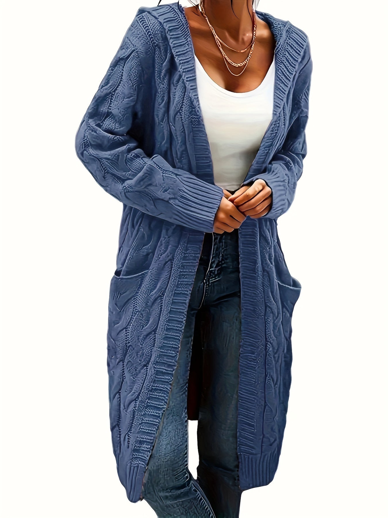 Plus Size, Women's Mid Length Hooded Cardigan with Button-Detail Pockets