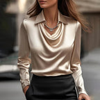 Women's Autumn Long-Sleeve Shirt with Irregular Cowl Neck, Solid Color, Polyester - Champagne