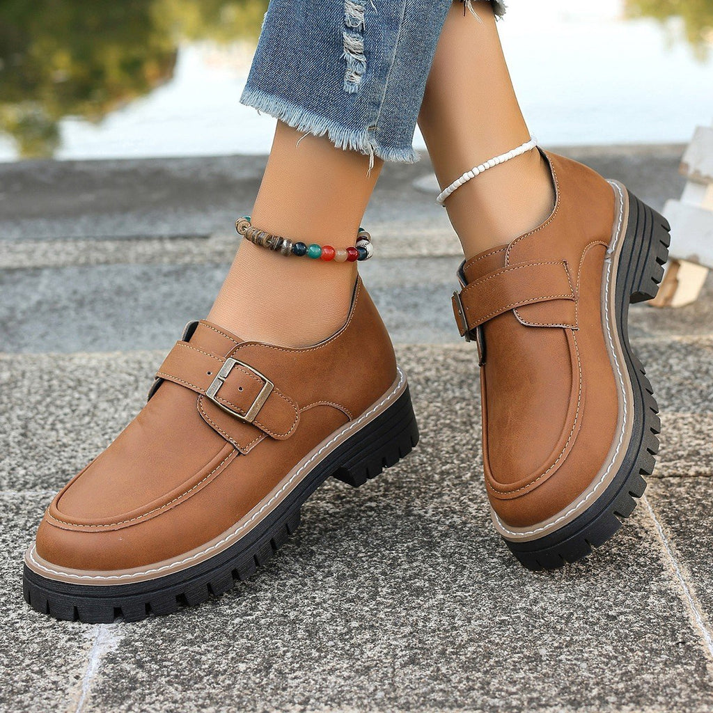Women's Buckle Loafers for Autumn in PU with Thick Sole and Round Toe - Brown