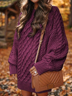 Women's Sweater Midi Dress, Women's Long Sleeve Crew Neck Textured Knitted Dresss