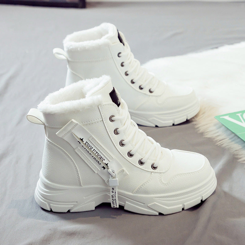 Women's Winter Ankle Boots with Laces and Thick Sole - White