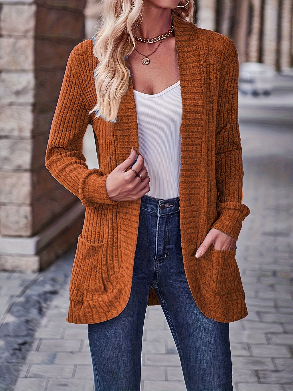 Elegant Directional Style Fashionable Loose Ribbed Pocket Long Sleeve Top