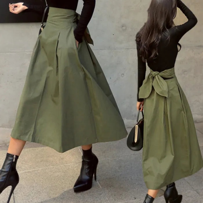 Elegant Pleated Midi Skirt with High Waist | Perfect for Autumn - Army Green