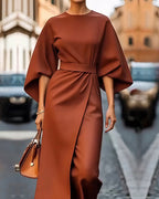 Women's Spring Midi Dress with Wide Sleeves, Waist Belt and Straight Neckline - Brick Red