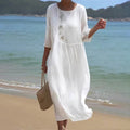 Women's Summer Midi Dress with Sleeveless Cut, Accentuated Waist and Flared Hem - White