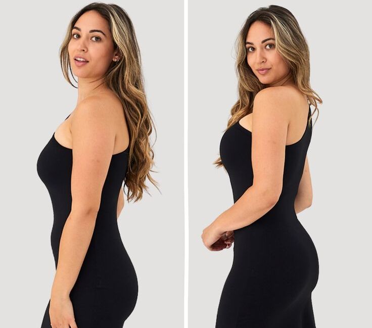 Woman wearing a black dress from different angles on a plain background