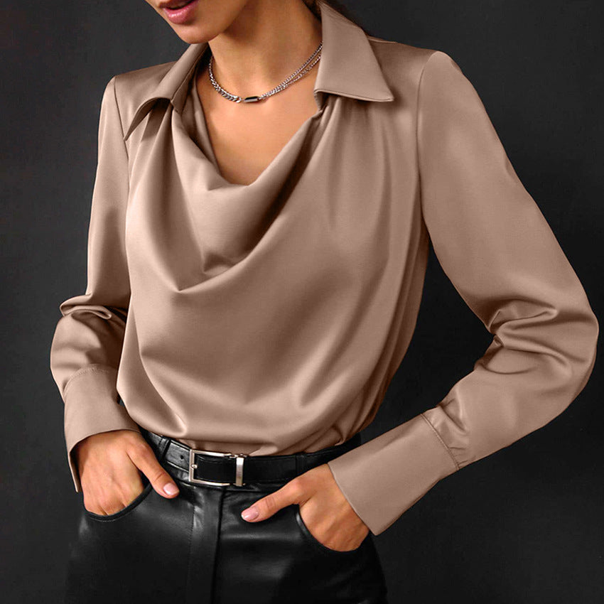 Women's Autumn Long-Sleeve Shirt with Irregular Cowl Neck, Solid Color, Polyester - Pink