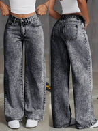 Women'S Stretch Loose Wide Leg Straight Gray Jeans |  Denim Trousers with Pockets