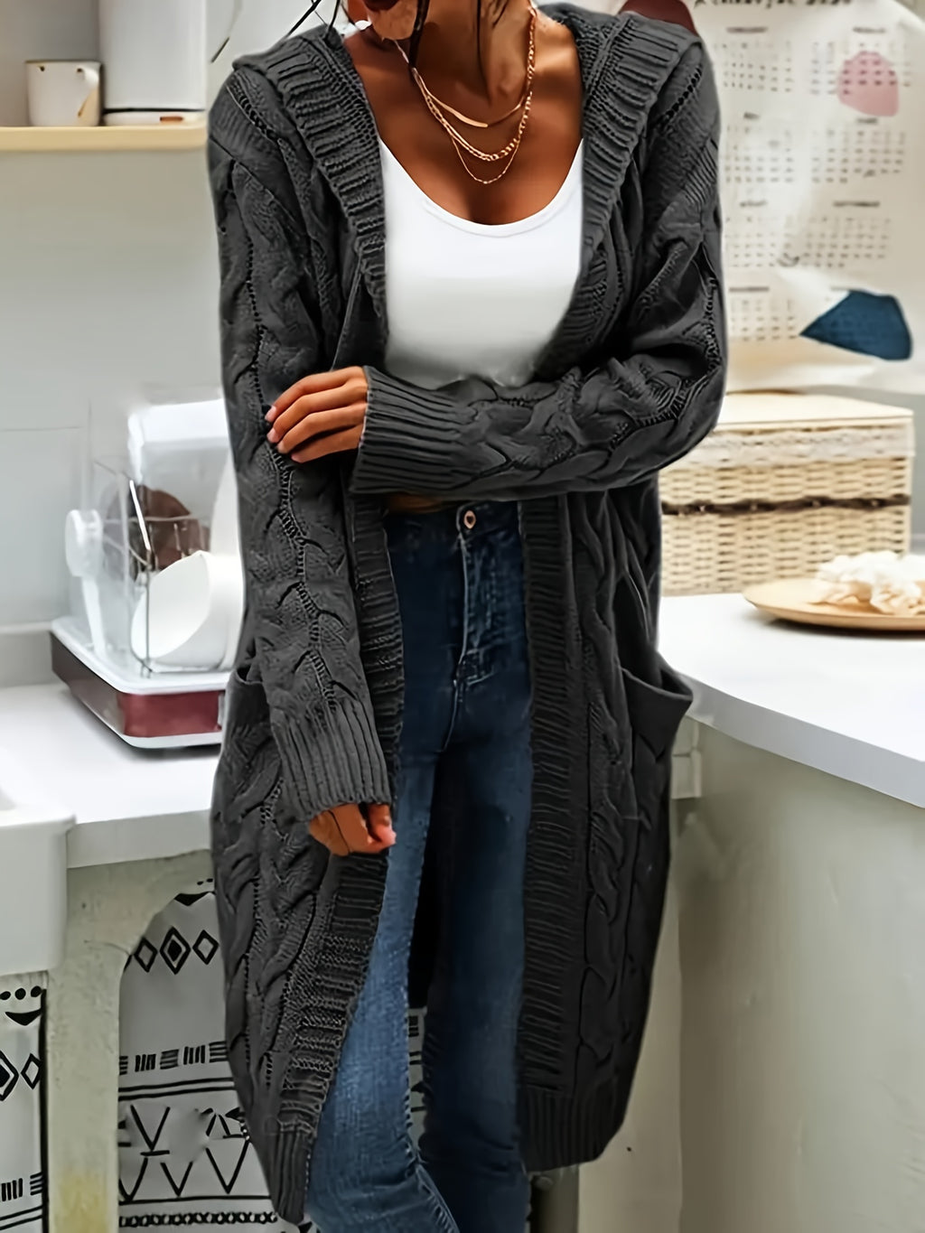 Plus Size, Women's Mid Length Hooded Cardigan with Button-Detail Pockets