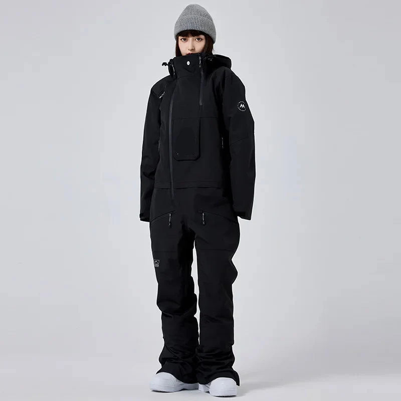 Women's One-Piece Ski Suit – Thickened Waterproof Winter Snowboard Overall - Black