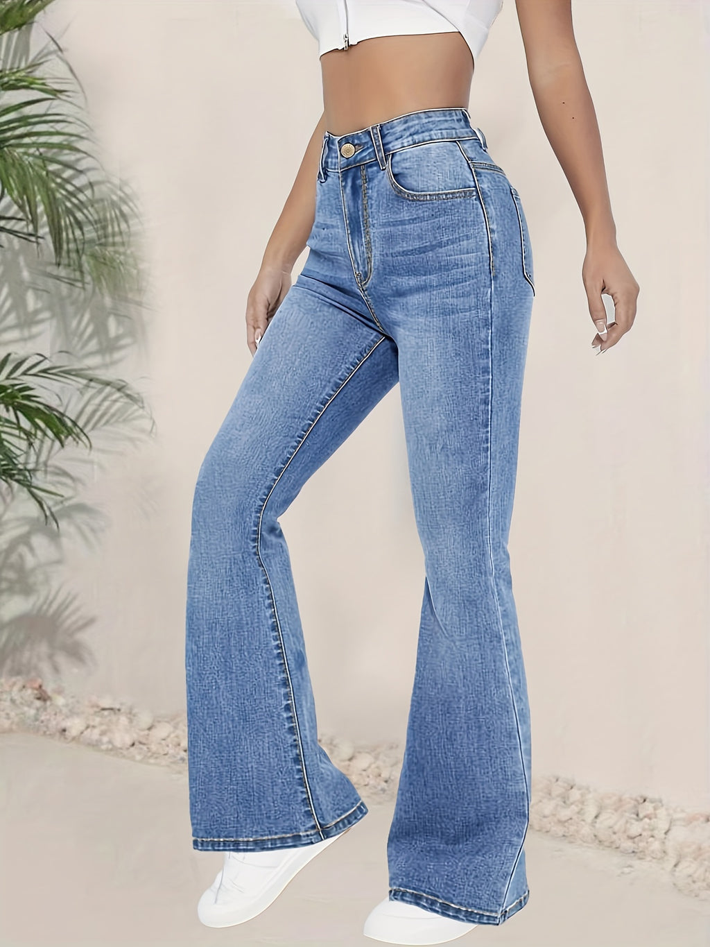 Women's High-Waisted Flared Denim Jeans – Slim Fit Blue Bootcut Pants